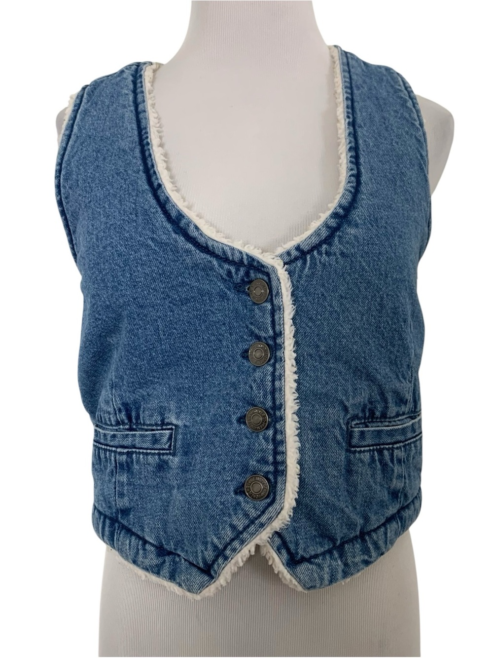 Forever 21 Vintage Denim Vest Sherpa Fleece Lined medium Wash Button Up